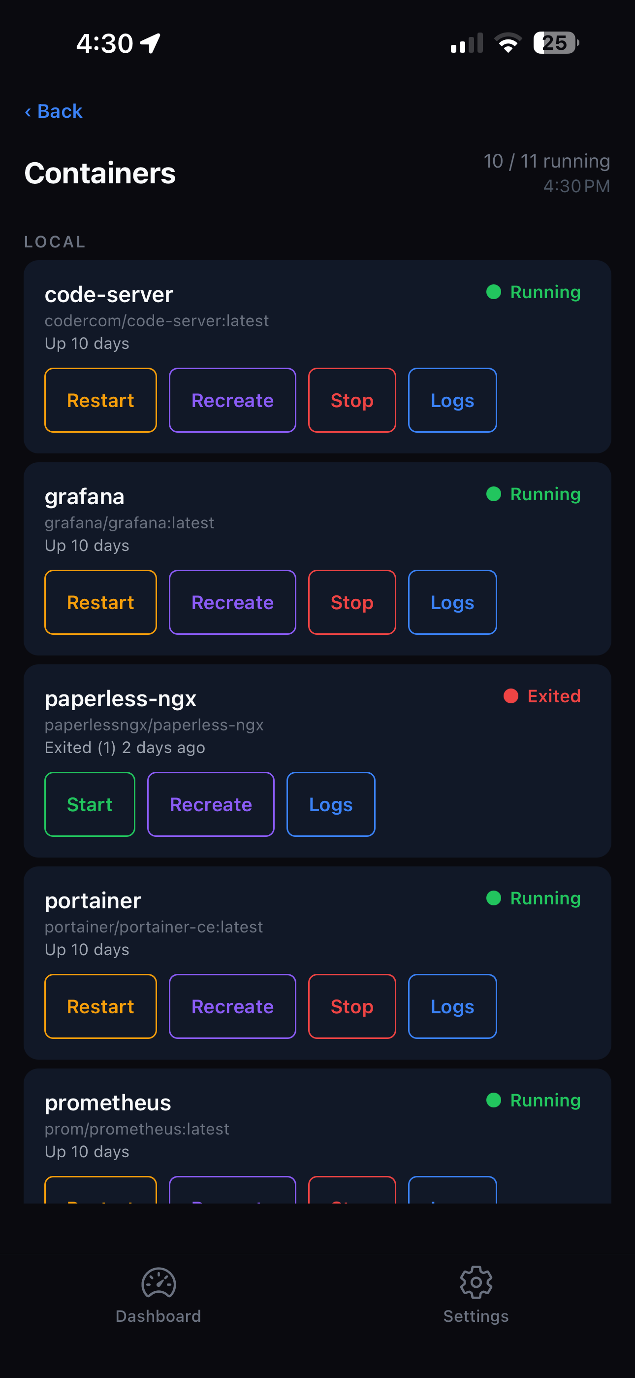 CtrlFreak containers screen showing Docker container status