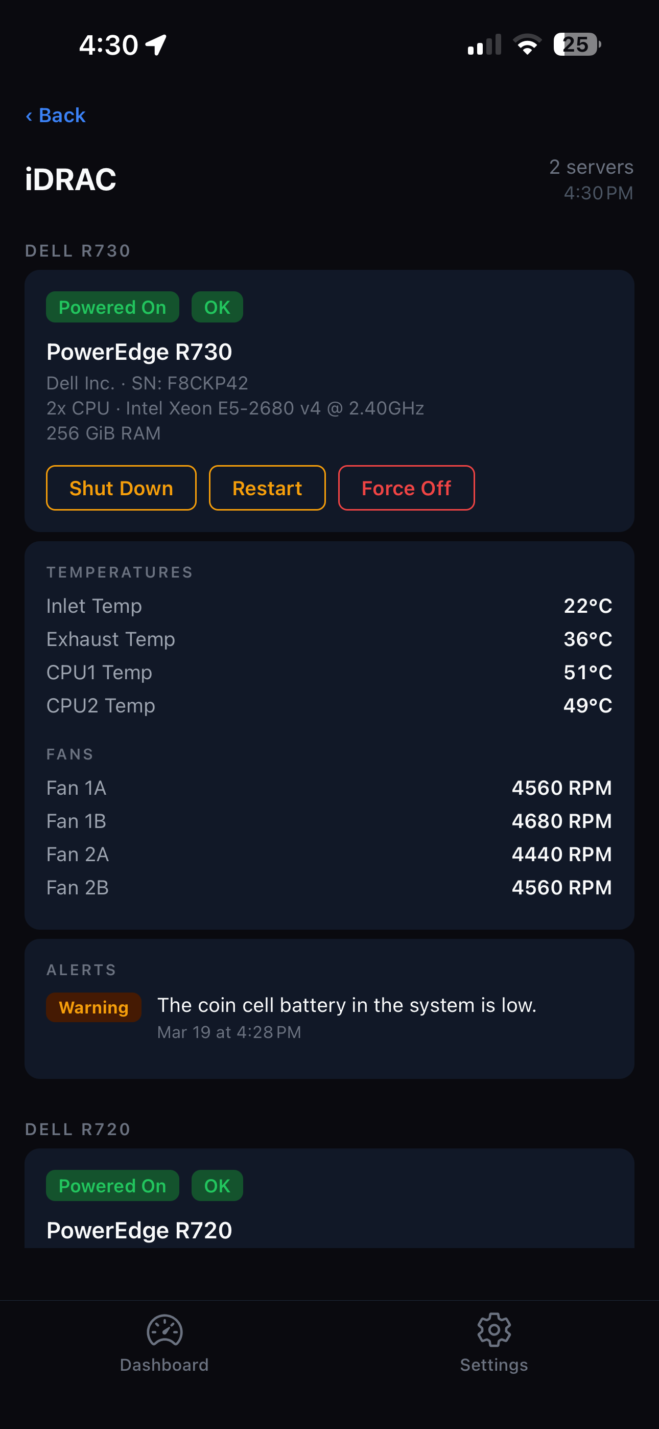CtrlFreak iDRAC screen showing server temperatures and fan speeds