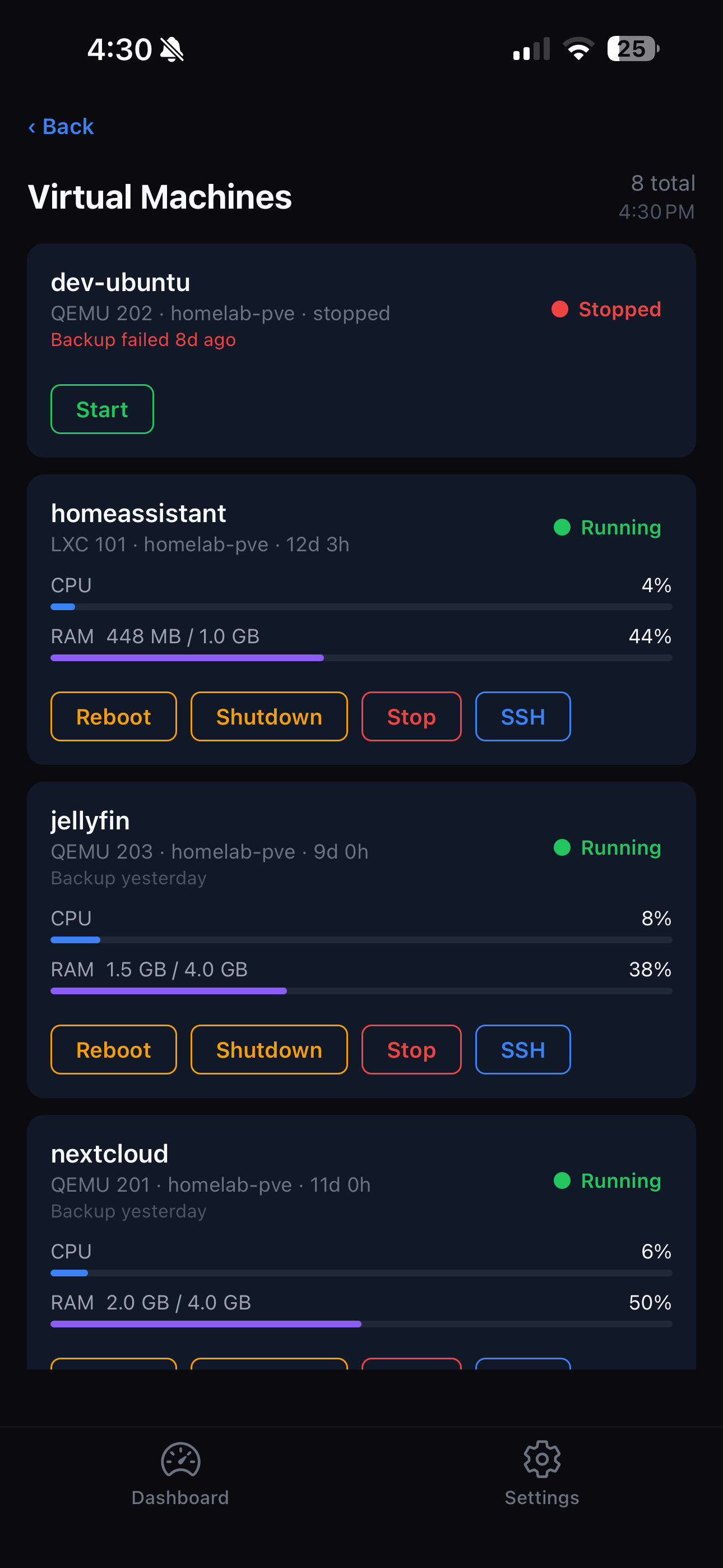 CtrlFreak virtual machines screen showing Proxmox VMs and LXC containers