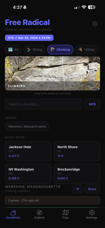 Free Radical conditions screen in climbing mode